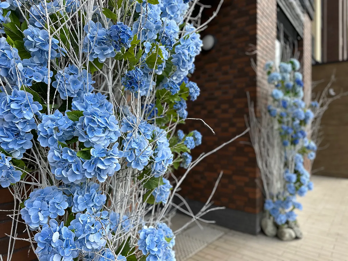 Оформление входной группы ветками и гортензией.