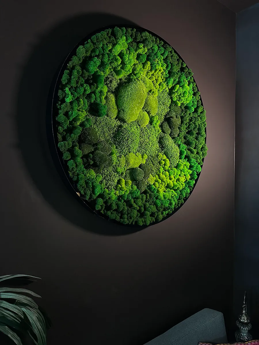 круглое панно из стабилизированного мха для офиса.